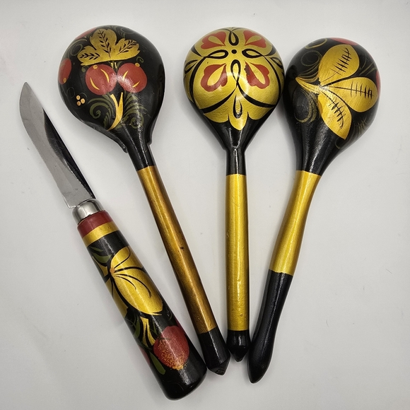 Vintage Russian Spoons Knife Set Of 4 Hand-painted +/- 8 Inches Long - Picture 6 of 6